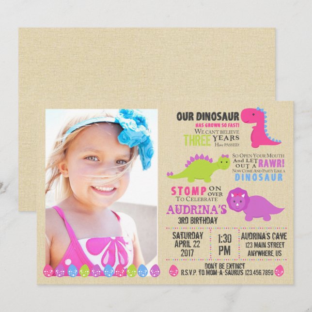 Pink Dinosaur Birthday Invitation Girl Dinosaurs (Front/Back)