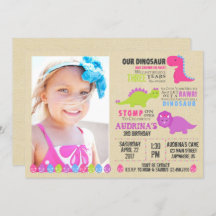 Pink Dinosaur Birthday Invitation Girl Dinosaurs