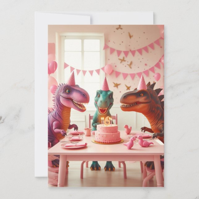 Pink dinosaur birthday invite, dinosaur invitation (Front)