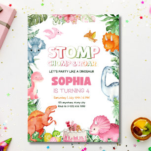 Pink Dinosaur Birthday Party Girl T Rex Birthday Invitation