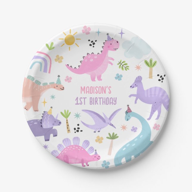 Pink Dinosaur Birthday Party  Paper Plate (Front)