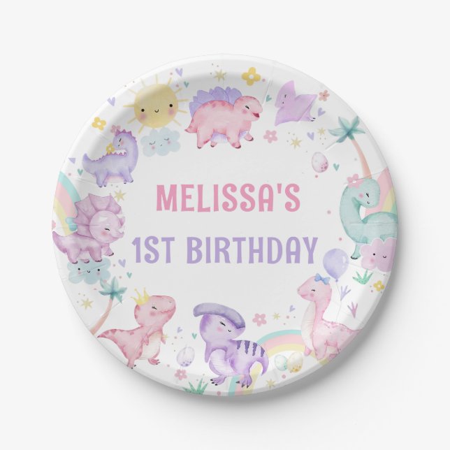 Pink Dinosaur Birthday Party Paper Plate (Front)