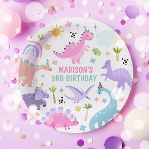 Pink Dinosaur Birthday Party Paper Plate