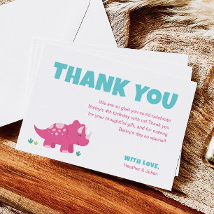 Pink Dinosaur Birthday Party Thank You Card