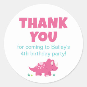 Pink Dinosaur Birthday Party Thank You Classic Round Sticker