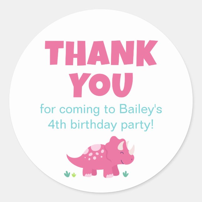 Pink Dinosaur Birthday Party Thank You Classic Round Sticker (Front)