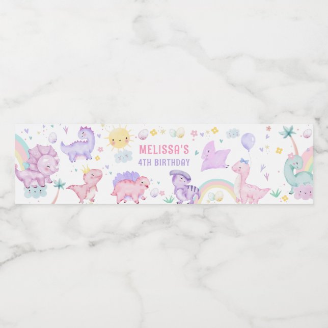 Pink Dinosaur Birthday Party Water Bottle Label (Single Label)