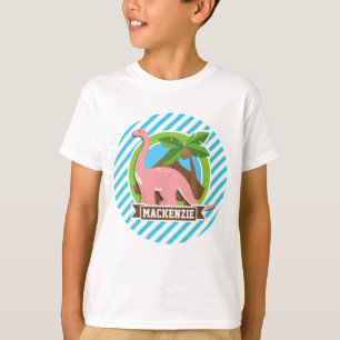Pink Dinosaur; Blue & White Stripes T-Shirt