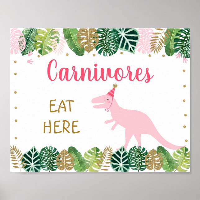 Pink Dinosaur Carnivores Birthday Food Table Sign (Front)
