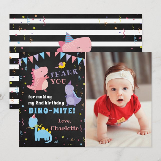 Pink Dinosaur Chalkboard Girls Dino Party Photo Thank You Card (Front/Back)