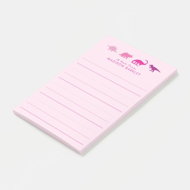 Pink Dinosaur Cute Kid's Dino Post-it Notes (Angled)