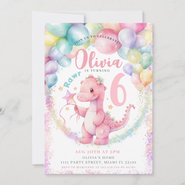 Pink Dinosaur Dino Girl Birthday Party Invitation (Front)