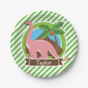 Pink Dinosaur, Dino; Green & White Stripes Paper Plate