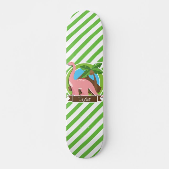 Pink Dinosaur, Dino; Green & White Stripes Skateboard (Front)