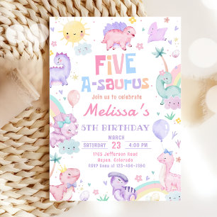 Pink Dinosaur Five A-Saurus Birthday Party Invitation