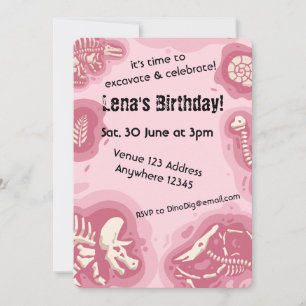 Pink Dinosaur Fossil Birthday Excavate & Celebrate Invitation