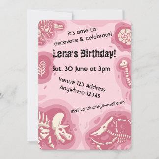 Pink Dinosaur Fossil Birthday Excavate & Celebrate Invitation