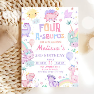 Pink Dinosaur Four A-Saurus Birthday Party Invitation