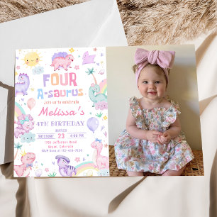 Pink Dinosaur Four A-Saurus Birthday Photo Invitation