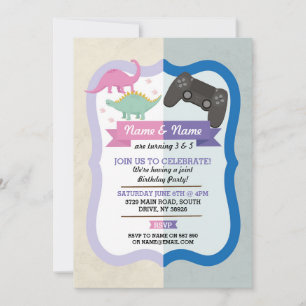 Pink Dinosaur & Gaming Joint Boy Girl Birthday Invitation