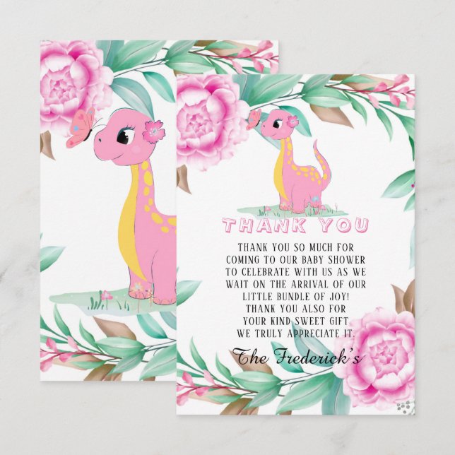 Pink Dinosaur Girl Baby Shower Thank You Cards (Front/Back)