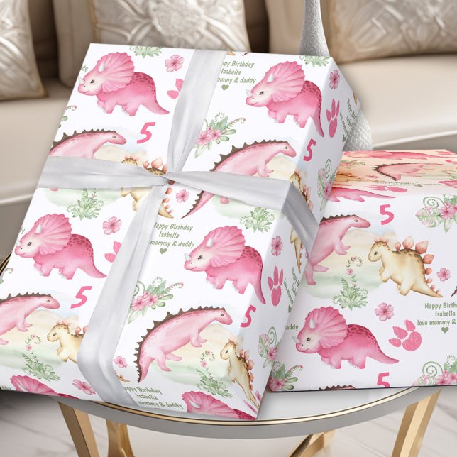 Pink Dinosaur Girl Birthday Custom Name Text Wrapping Paper (Pink Dinosaur Girl Birthday Custom Name Text Wrapping Paper)
