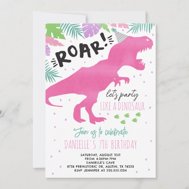 Pink Dinosaur Girl Birthday Party Invitation (Front)
