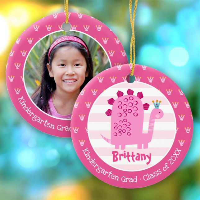 Pink Dinosaur Girl Kindergarten Graduate Keepsake Ceramic Tree Decoration (Creator Uploaded)