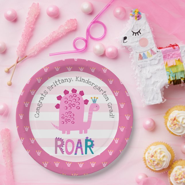 Pink Dinosaur Girl Kindergarten Graduation Playful Paper Plate (Party)