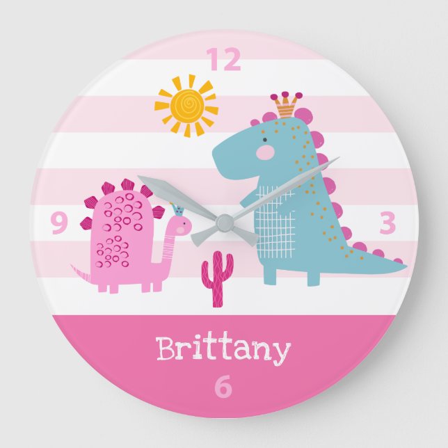 Pink Dinosaur Girl Nursery Custom Name Kawaii Cute Large Clock (Front)