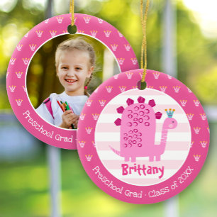 Pink Dinosaur Girl Preschool Graduation Keepsake Ceramic Tree Decoration