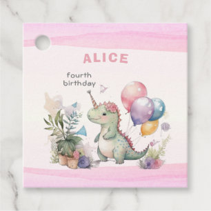 Pink Dinosaur Girl watercolor Birthday Favour Tags