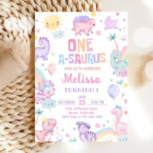 Pink Dinosaur One-A-Saurus 1st Birthday Party Invitation