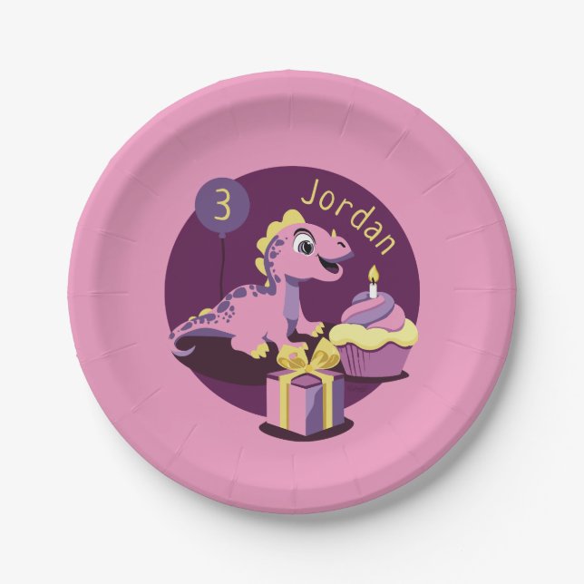 Pink Dinosaur Party Plates and Bowls (Front)
