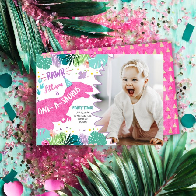 Pink Dinosaur Prehistoric Girl 1st First Birthday Invitation (Creator Uploaded)