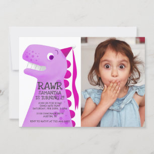 Pink Dinosaur Princess Birthday Party Photo Invitation