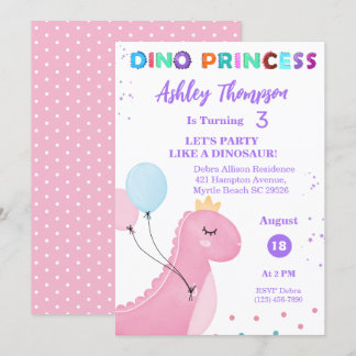 Pink Dinosaur Princess Girls TRex Birthday Party Invitation