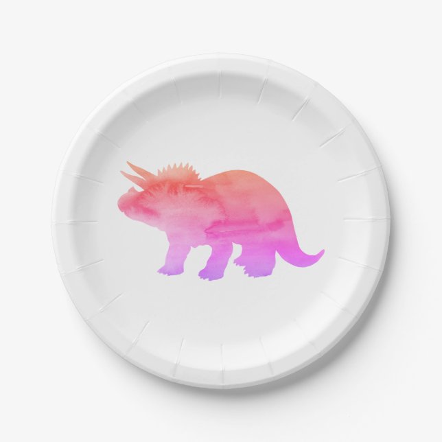 Pink Dinosaur Silhouette Triceratops Paper Plate (Front)