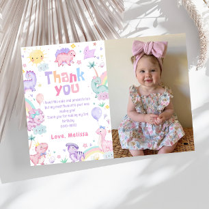 Pink Dinosaur T-Rex Birthday Photo Thank You Card