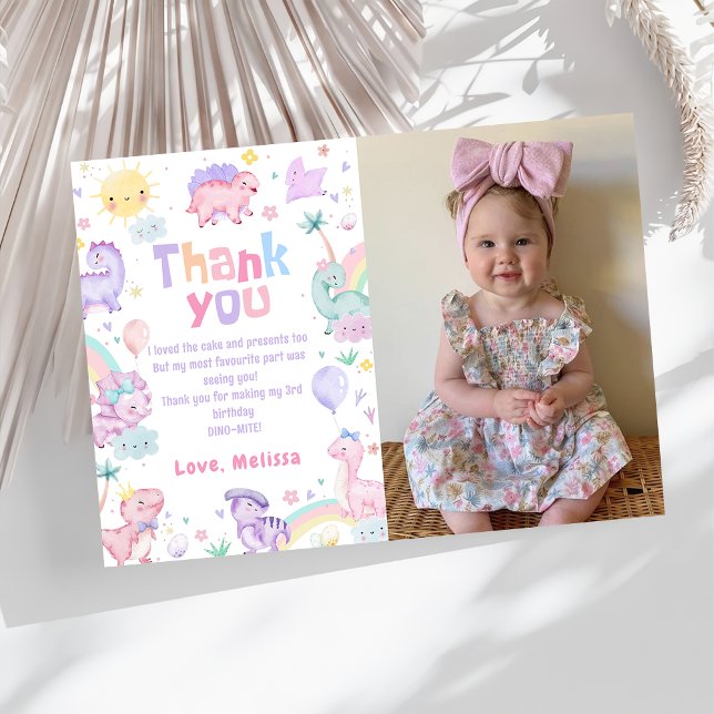 Pink Dinosaur T-Rex Birthday Photo Thank You Card (Creator Uploaded)