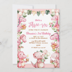 Pink Dinosaur Tea-Rex 3rd Girl Birthday Party Invitation