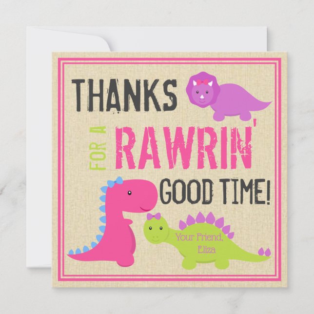Pink Dinosaur Thank You Note Girls Dinosaur Invite (Front)