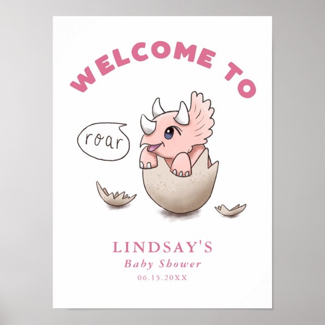 Pink Dinosaur Theme Baby Shower Welcome Poster (Front)