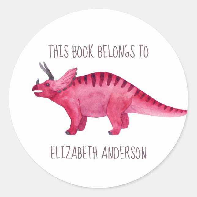 Pink Dinosaur “This book belongs to” Bookplate Classic Round Sticker (Front)