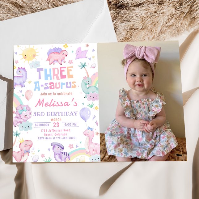 Pink Dinosaur Three A-Saurus 3rd Birthday Photo Invitation (Creator Uploaded)