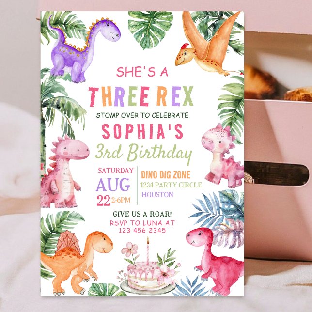 Pink Dinosaur Three Rex GIRL Birthday Invitation (Creator Uploaded)