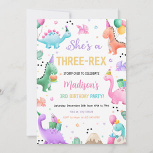 Pink Dinosaur Three Rex Girl Dino Birthday Party Invitation