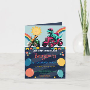Pink dinosaur tractor truck rainbow Birthday boy Invitation