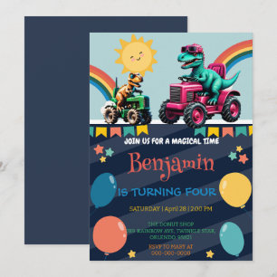 Pink dinosaur tractor truck rainbow Birthday boy Invitation