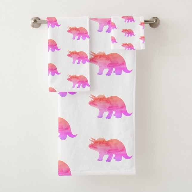 Pink Dinosaur Triceratops Bath Towel Set (Insitu)